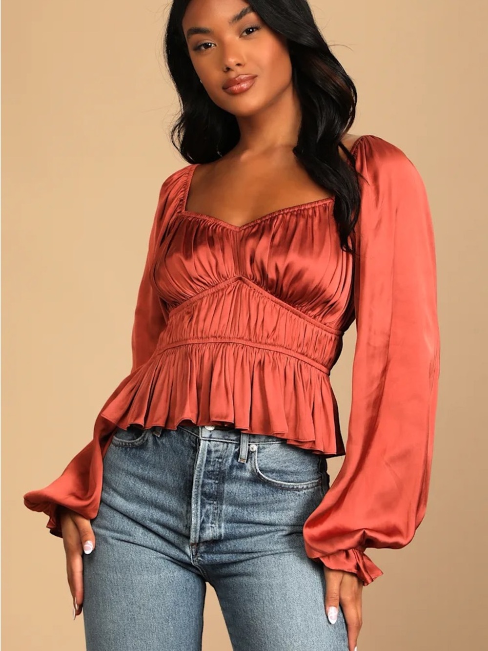 Lulus Burnt Orange Rust Brown Satin Ruched Long Sleeve Blouse Size M Medium
